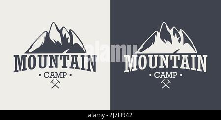 Vector Ventage Labels with Hand Drawn Mountains. 2022. Illustration for Ski Resort, Hiking, Climbing, Mountain Biking Logo Set. Drawing Winter Stock Vector