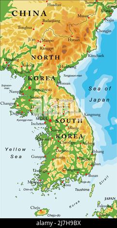Highly detailed vector map of Korean peninsula with administrative regions,main cities and roads. Stock Vector