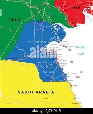 Highly detailed vector map of Kuwait with administrative regions, main cities and roads. Stock Vector
