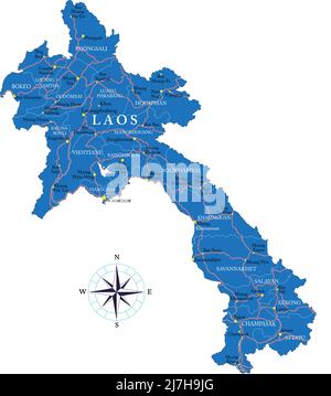 Highly detailed vector map of Laos with administrative regions, main cities and roads. Stock Vector