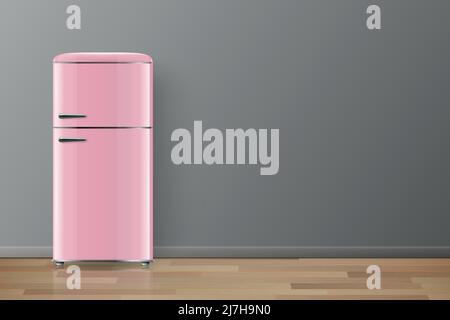 Vector Banner with 3d Realistic Glossy Pink Retro Vintage Fridge Isolated. Vertical Simple Refrigerator. Closed Fridge. Design Template, Mockup of Stock Vector