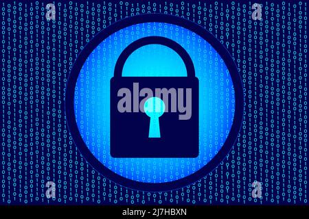 Cybersecurity and information protection concept. Locked padlock icon on binary code background. Vector illustration Stock Vector