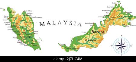 Highly detailed physical map of Malaysia,in vector format,with all the relief forms,regions and big cities. Stock Vector