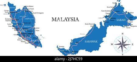 Highly detailed vector map of Malaysia with administrative regions, main cities and roads. Stock Vector
