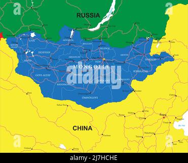 Mongolia highly detailed vector map with administrative regions,main cities and roads. Stock Vector