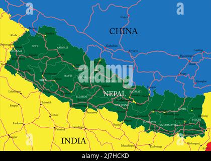 Nepal highly detailed vector map with administrative regions, main cities and roads. Stock Vector