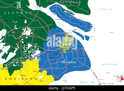 Shanghai highly detailed vector map with administrative regions,main cities and roads. Stock Vector