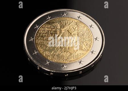 Year 2019, France, commemorative 2 euro bimetallic coin, Berlin Wall, editorial Stock Photo