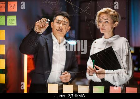 Blur view through the glass board of concentrated Asian businessman brainstorming, talking with female colleague. Ideas management on colorful sticky notes, business plan development concept Stock Photo