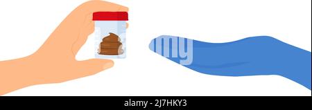The patient gives the doctor a jar of analysis. Vector illustration in flat style. Web site page and mobile app design element Eps 10 Stock Vector