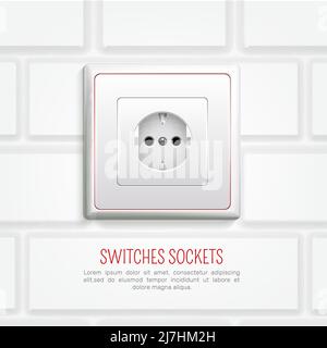 Socket of european standard with red line at plastic panel on white brick wall background vector illustration Stock Vector