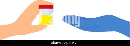 The patient gives the doctor a jar of analysis. Vector illustration in flat style. Web site page and mobile app design element Eps 10 Stock Vector