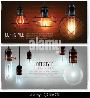 Two realistic vintage glowing light bulbs horizontal banner set with lost style headlines vector illustration Stock Vector
