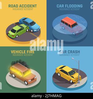 Auto insurance concept 4 isometric icons square for road accident damage and car fire damage isolated vector illustration Stock Vector