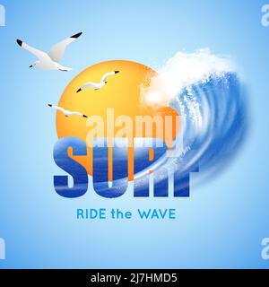 Surfing and big ocean wave poster with typographic lettering, sun, flying seagulls on blue background vector illustration Stock Vector