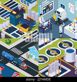 Water cleaning isometric concept with facilities of purification plant, laboratory research, truck with tank isolated vector illustration Stock Vector