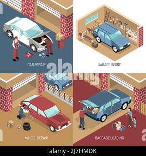 Isometric design concept with garage inside, car repair, wheel replacement, baggage loading isolated vector illustration Stock Vector