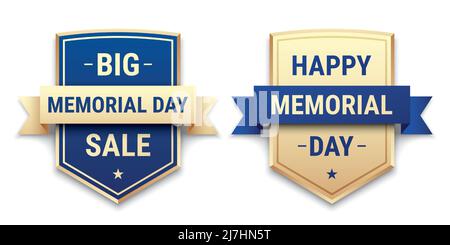 Memorial Day greeting and sale vector badges, in blue and golden colors, isolated on white background. Stock Vector