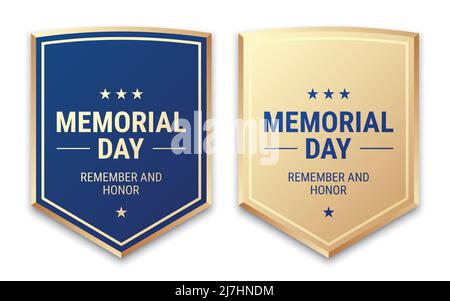 Memorial Day shield badges vector design, in blue and golden colors, isolated on white background. Stock Vector