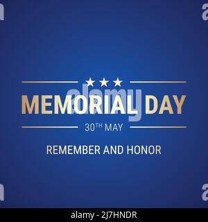 Memorial Day blue greeting card vector design with Remember And Honor golden text. Stock Vector