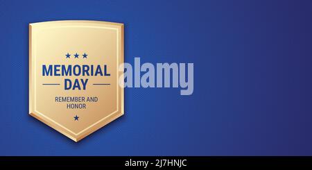 Memorial Day vector banner design, with greeting text and a golden shield on a blue background. Stock Vector