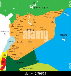 Highly detailed map of Syria with neighbour countries and main cities. Stock Vector