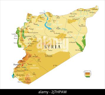 Highly detailed physical map of Syria,in vector format,with all the relief forms,regions and big cities. Stock Vector