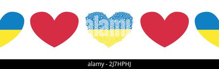 Ukraine seamless banner with hearts in blue and yellow flag colors and a heart made of flowers. Flowers are better than bullets Stock Vector