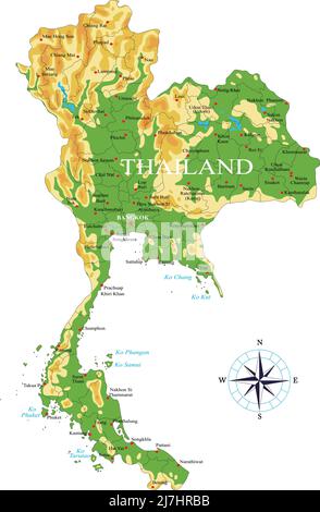 Highly detailed physical map of the Thailand,in vector format,with all the relief forms,regions and big cities. Stock Vector