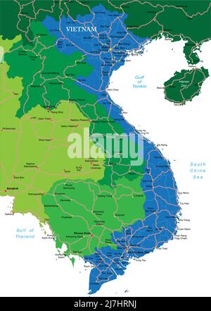 Detailed vector map of Vietnam with country borders, county names, main roads and a highly detailed state silhouette. Stock Vector