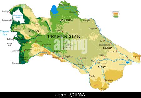 Highly detailed physical map of the Turkmenistan,in vector format,with all the relief forms,regions and big cities. Stock Vector