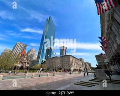 Boston Copley Square including Trinity Church, John Hancock Tower, Fairmont Copley Plaza and Boston Public Library from left to right in Back Bay Bost Stock Photo