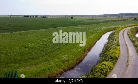 Low-Altitude, Aerial View of the Pinnock Wall and Brook Stream, Hacklinge, Kent Stock Photo