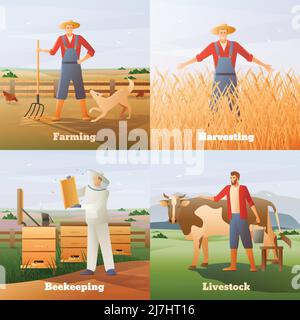 Agriculture flat compositions on nature background including farmer with pitchfork and livestock, harvesting, beekeeping isolated vector illustration Stock Vector