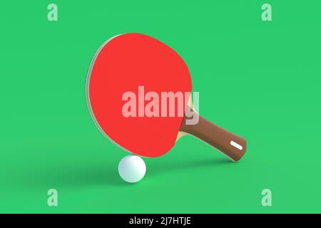 Ping pong paddle with ball on green background. Game for leisure. Sport equipment. International competition. Table tennis. 3d render Stock Photo