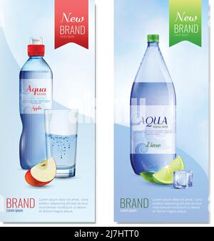Two colored plastic bottle vertical banner set with new brand headlines on the ribbons vector illustration Stock Vector