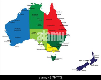 Vector map of Australia and New Zealand with state borders and main cities Stock Vector