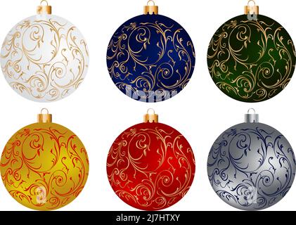 Christmas set of colorful globes with intricate design. Stock Vector