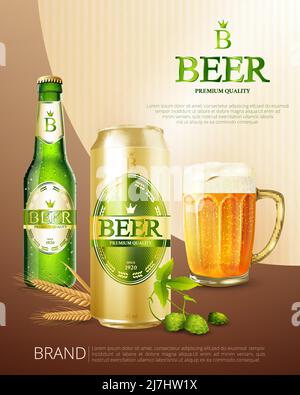 Colored beer metal can poster with beer from the same brand in different capacities vector illustration Stock Vector