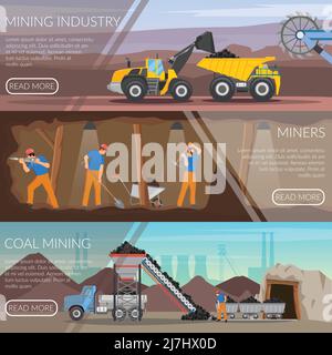 Set of flat horizontal banners with mining industry, workers with tools, coal extraction isolated vector illustration Stock Vector