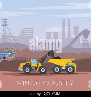 Mining industry flat composition with coal loading by excavator to truck on factory background vector illustration Stock Vector