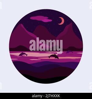 Night landscape with mountains, lake and dolphins Stock Vector