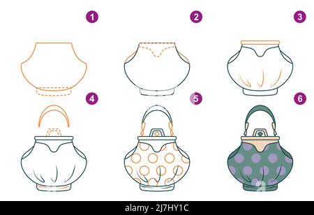 Instructions for drawing women bag. Step by step. Stock Vector
