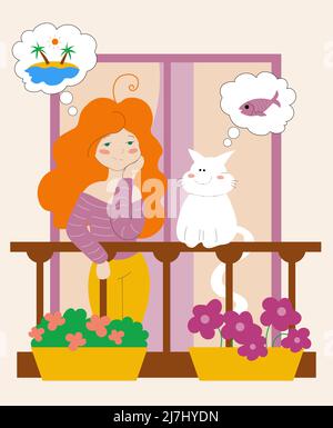 Girl standing on the balcony and dreaming  Stock Vector