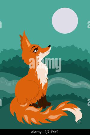 Red fox sitting on glade in forest  Stock Vector
