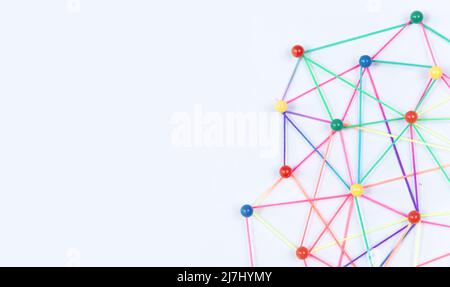 Linking entities, Blockchain, social media, Communications Network, The connection between the two networks. Network simulation on paper linked togeth Stock Photo