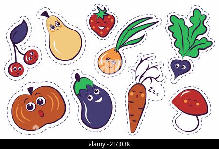 Funny cartoon stickers with vegetables and fruits  Stock Vector