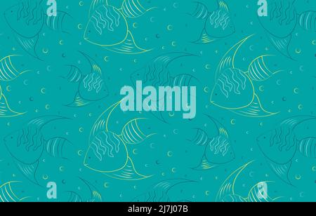 Beautiful and bright pattern with cute angelfish.  Stock Vector