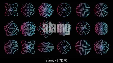 Set of abstract geometric technology elements in cyberpunk style. Retro vintage collection 3d virtual digital design. Texture 80s vr. Futuristic Stock Vector