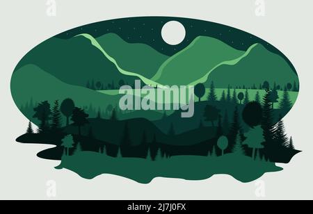 Cartoon night landscape with mountains and forest Stock Vector
